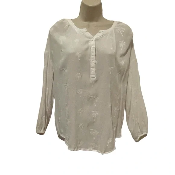 Z Supply White Button Up Blouse Top Embroidered Palm Trees Size Small - Picture 1 of 10